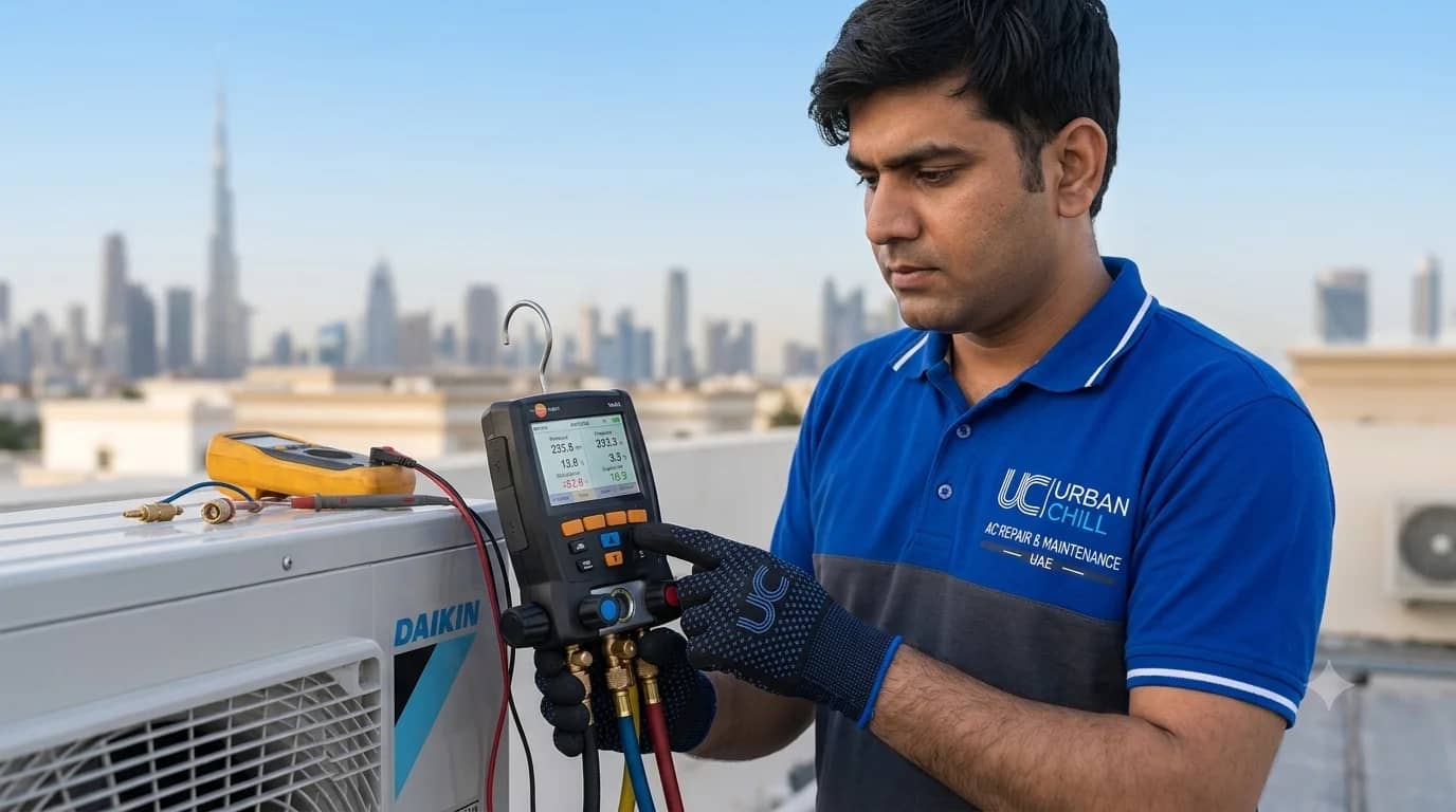 Urban Chill technician performing a preventive AC maintenance check in Dubai