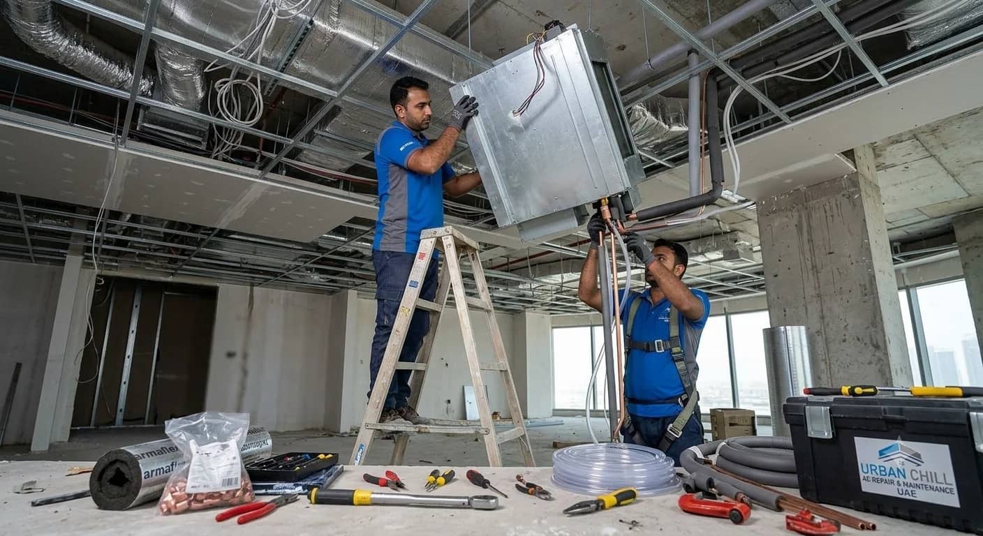 Urban Chill technician servicing a commercial air handling unit in Dubai
