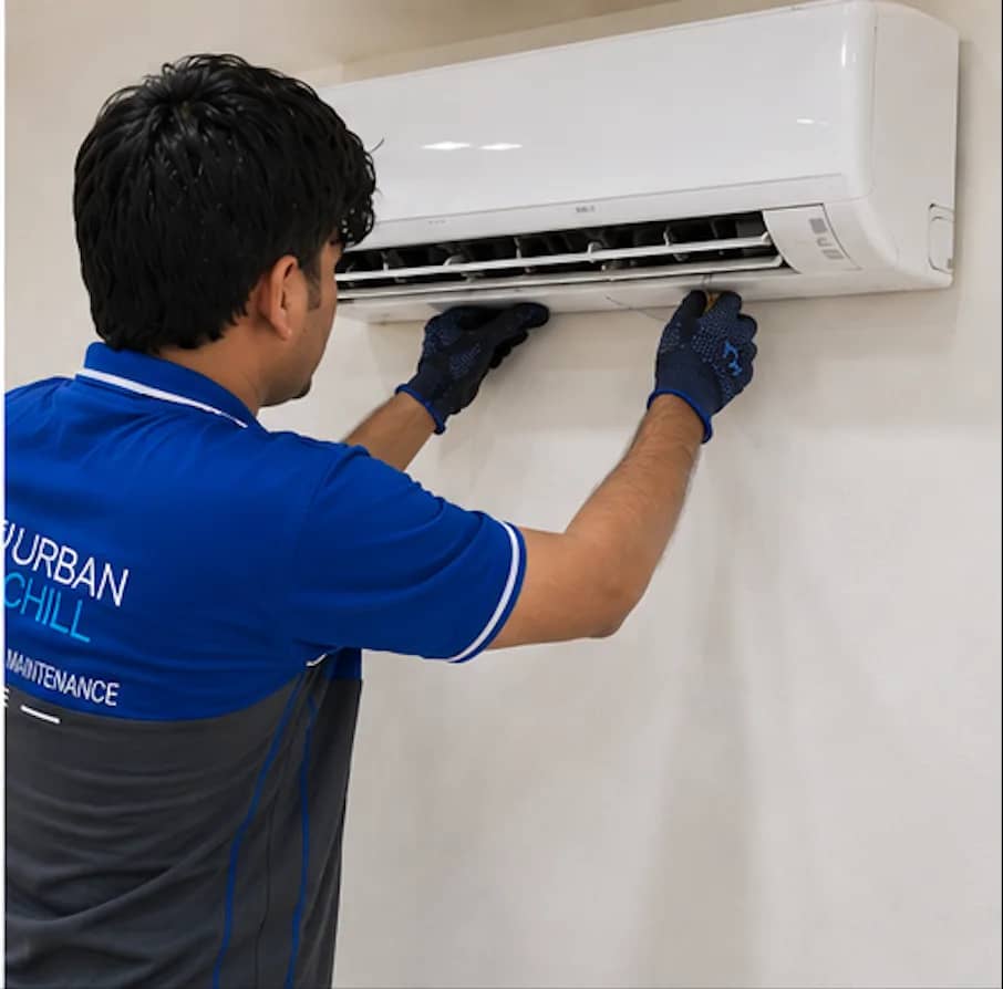 Urban Chill technician installing a split AC unit in Dubai