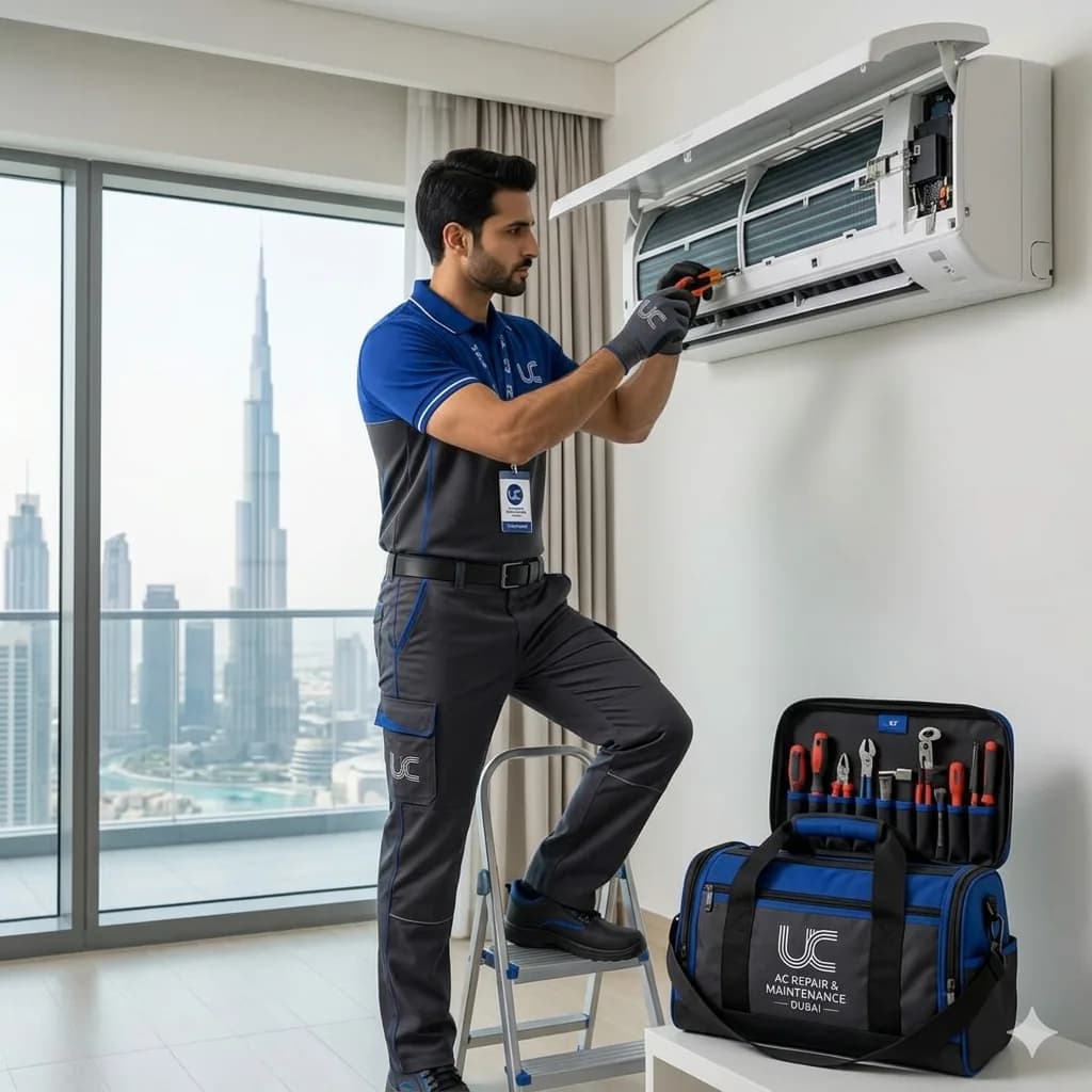 Urban Chill technician inspecting an air duct in Dubai