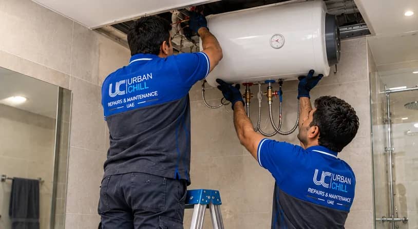 Urban Chill technicians installing a water heater in a Dubai home